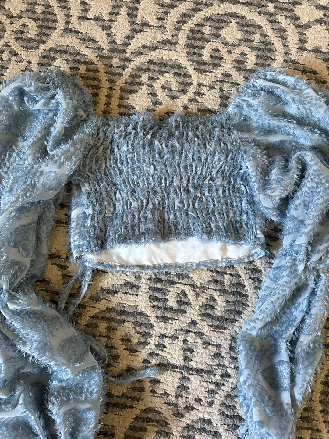 Blue Textured Crop Top with Puff Sleeves Size small - photo 2