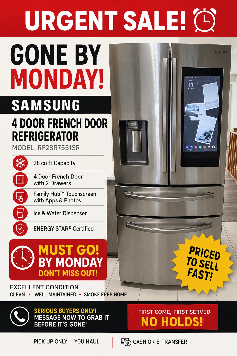 URGENT! Samsung Family Hub French 4 Door Refrigerator