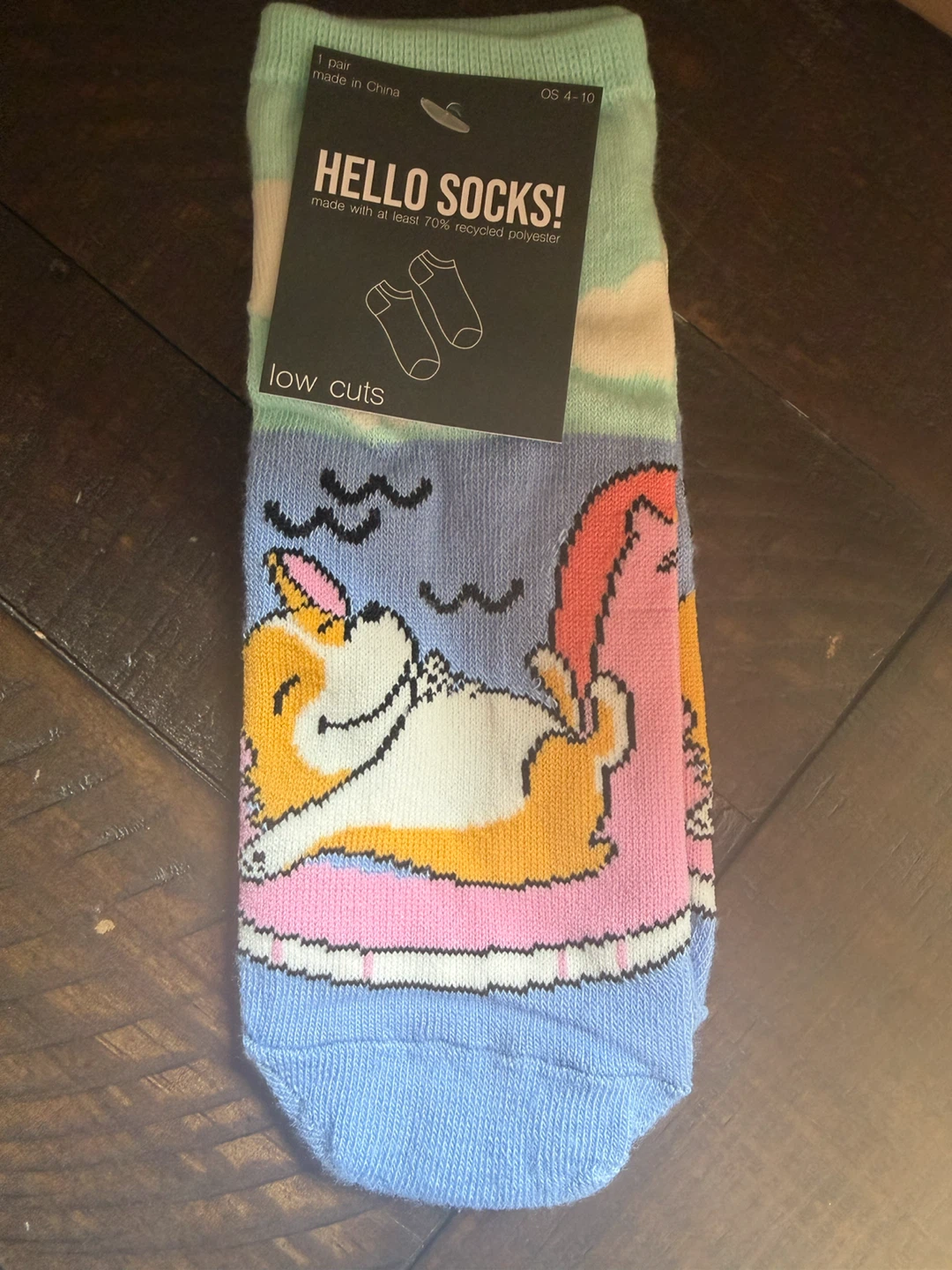 Corgi dog on unicorn float socks. Low cut and soft