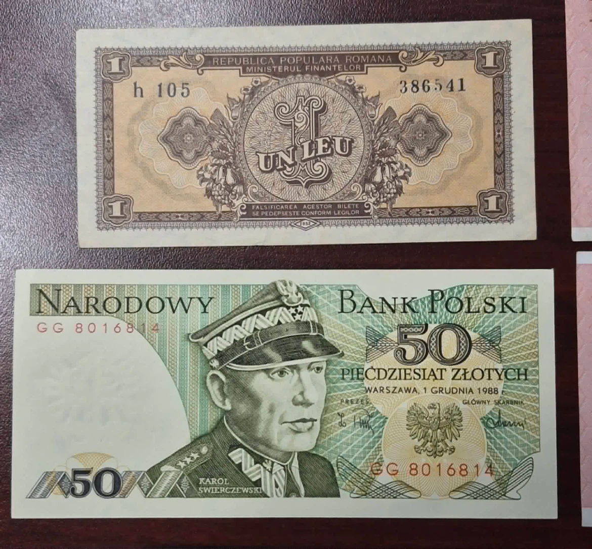Romanian 1 Leu and Polish 50 Zlotych Banknotes