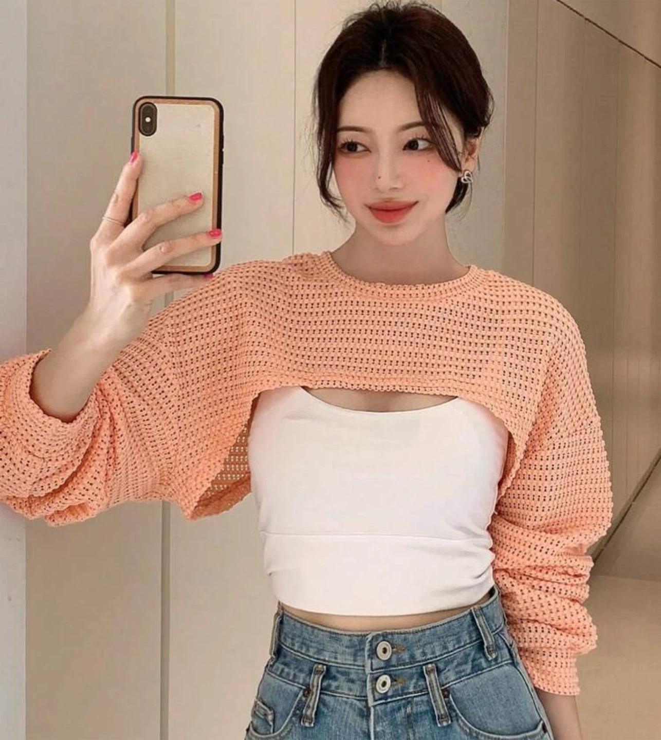 Peach Cropped Mesh Cardigan one size