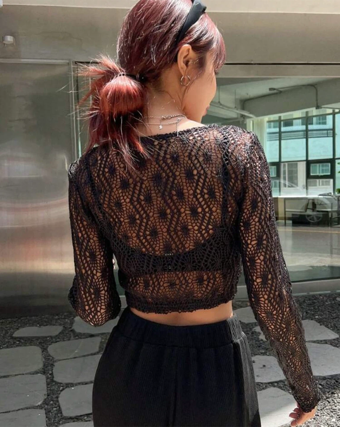 Black Crochet Long Sleeve Crop Top size small - photo 2
