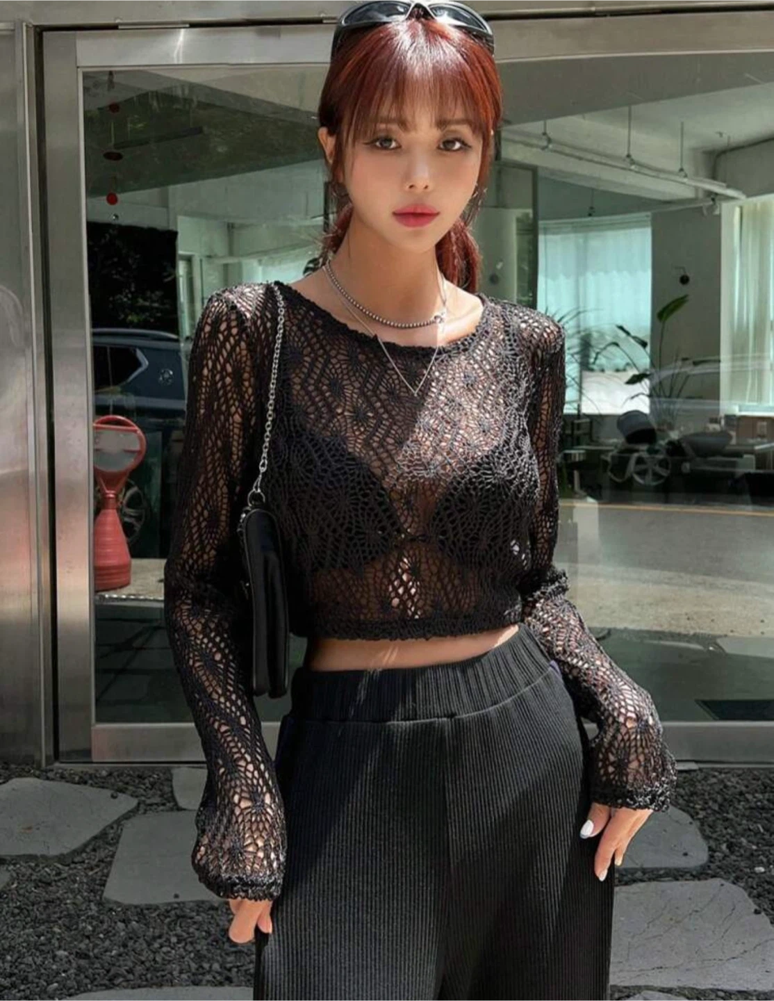 Black Crochet Long Sleeve Crop Top size small - photo 3