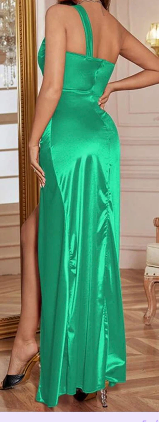 Women's Green One-Shoulder Satin Maxi Dress with Slit - photo 2