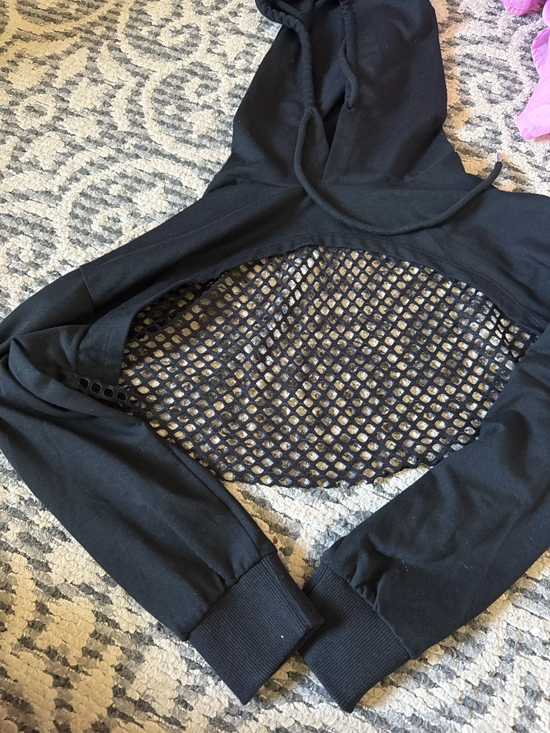 Black Cropped Hoodie with Fishnet Back size small