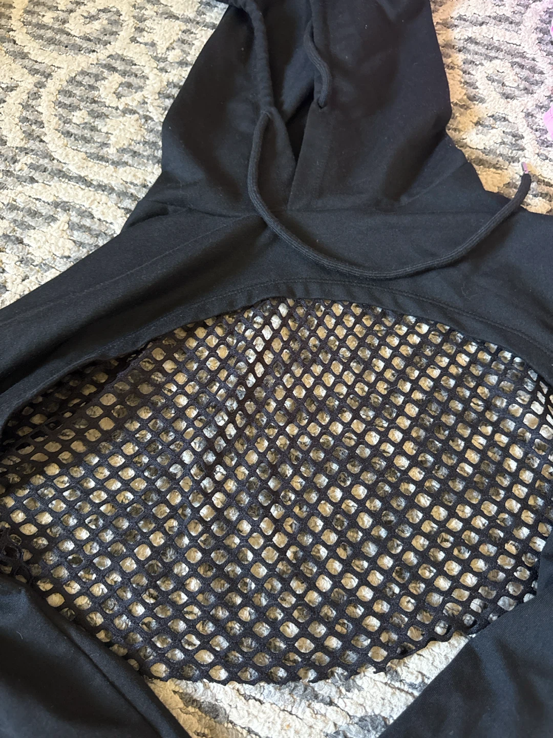 Black Cropped Hoodie with Fishnet Back size small - photo 2