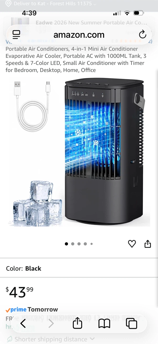Black Portable Air Conditioner 1000ml Water tank