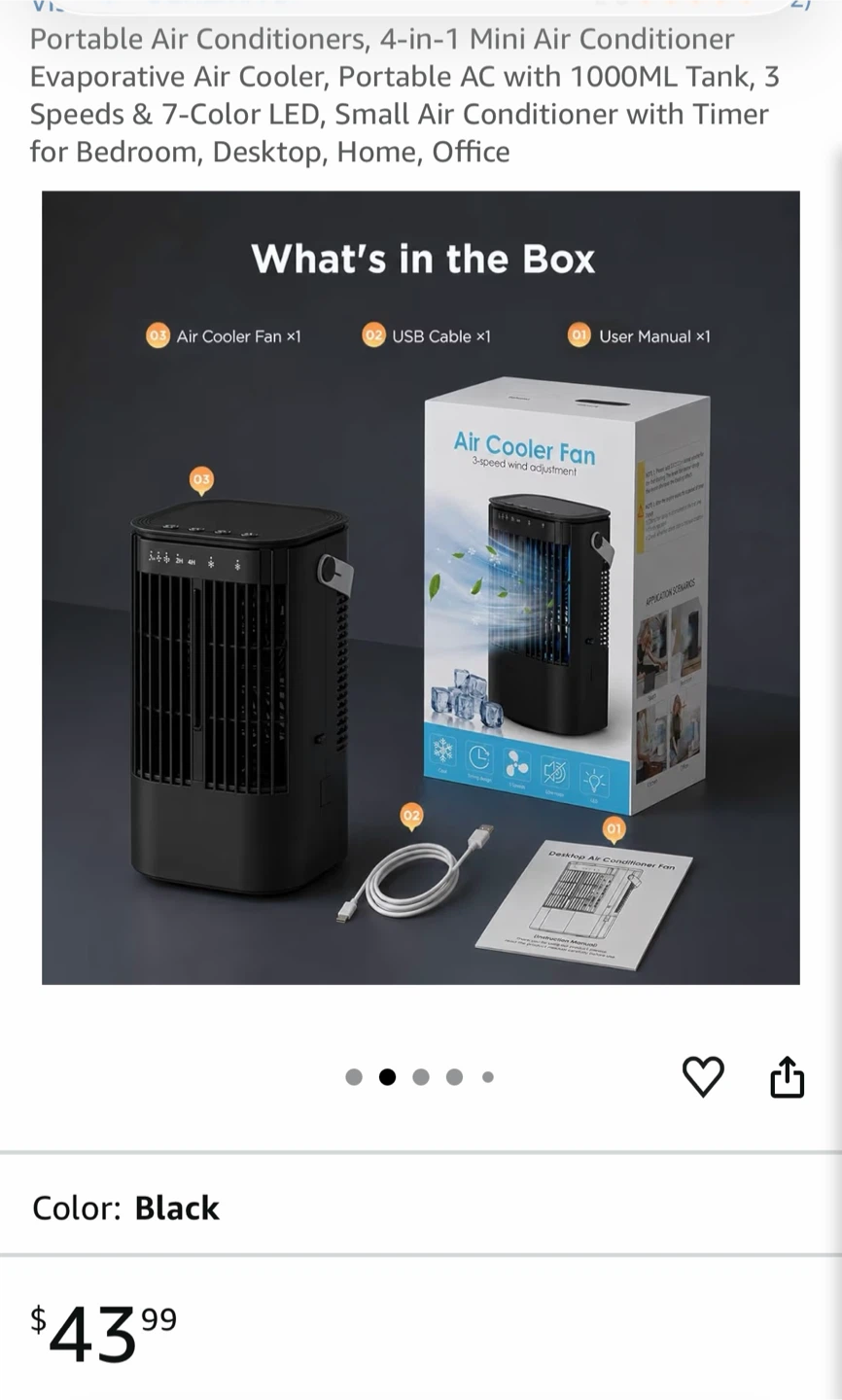 Black Portable Air Conditioner 1000ml Water tank - photo 2