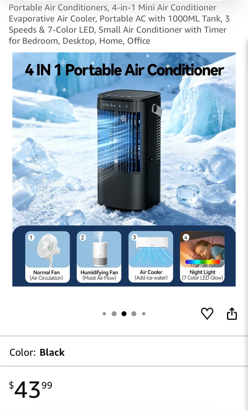 Black Portable Air Conditioner 1000ml Water tank - photo 3