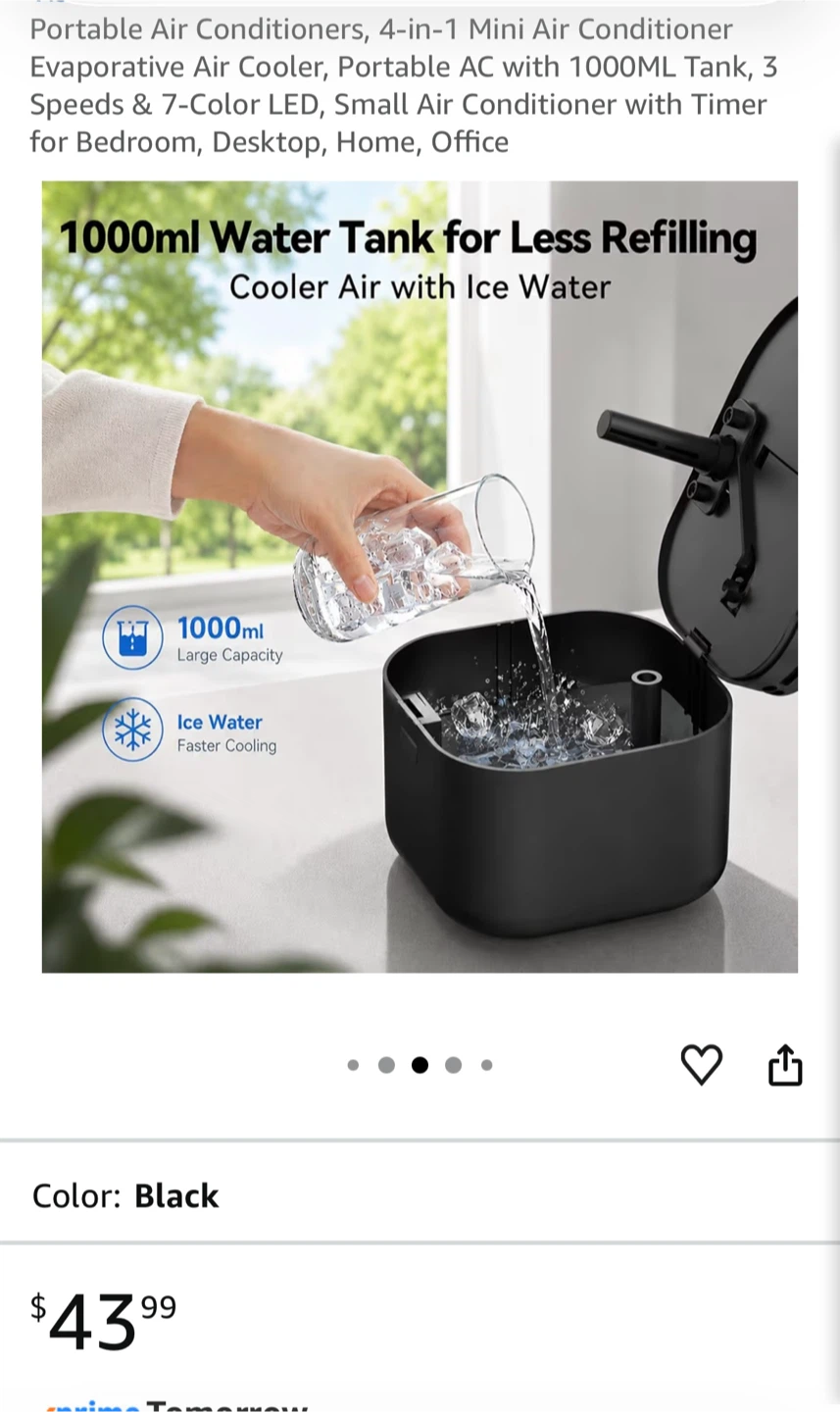 Black Portable Air Conditioner 1000ml Water tank - photo 4