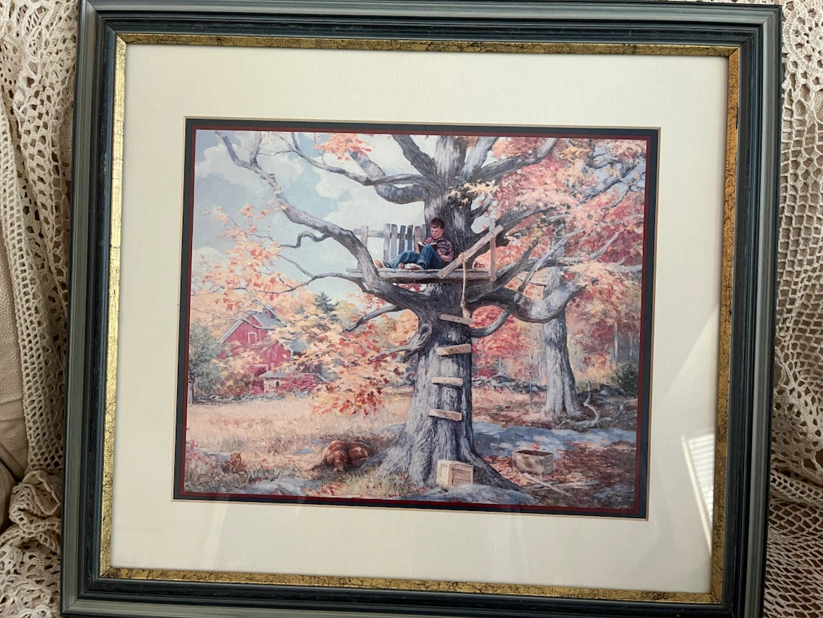 Art- Boy in Treehouse , vintage, framed calendar image