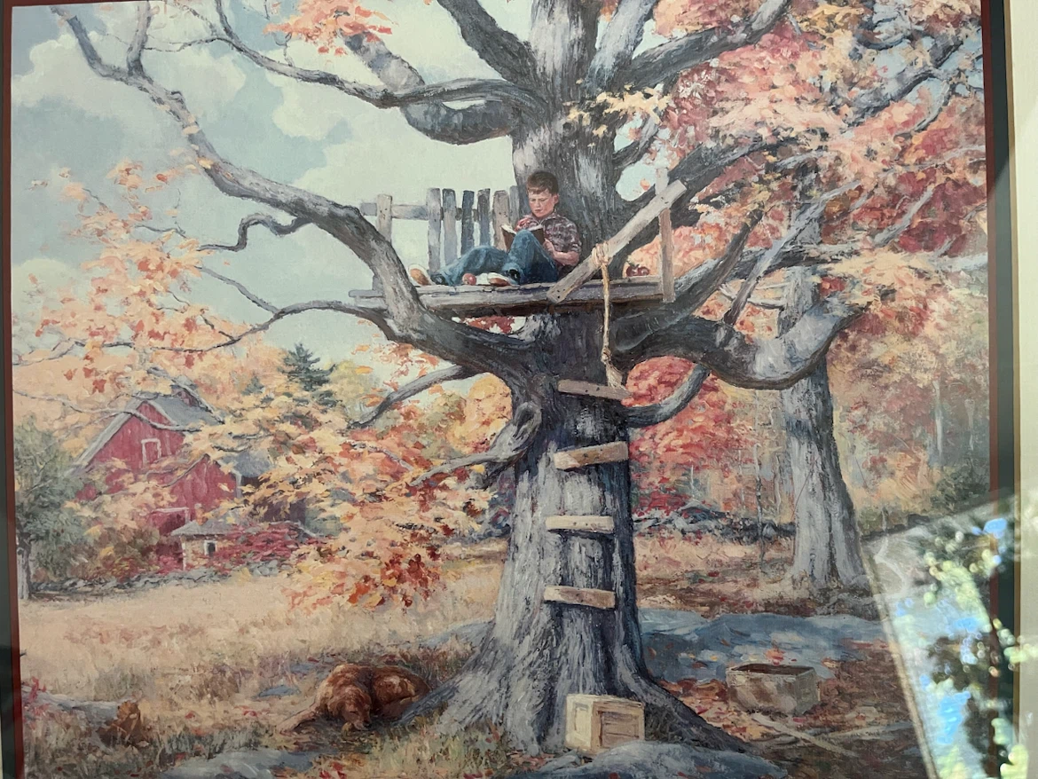 Art- Boy in Treehouse , vintage, framed calendar image - photo 2