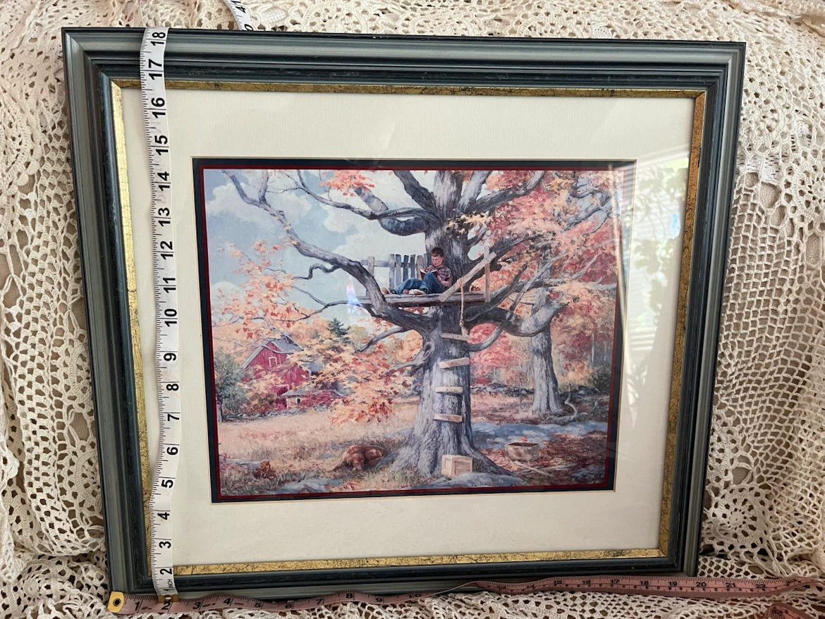Art- Boy in Treehouse , vintage, framed calendar image - photo 3