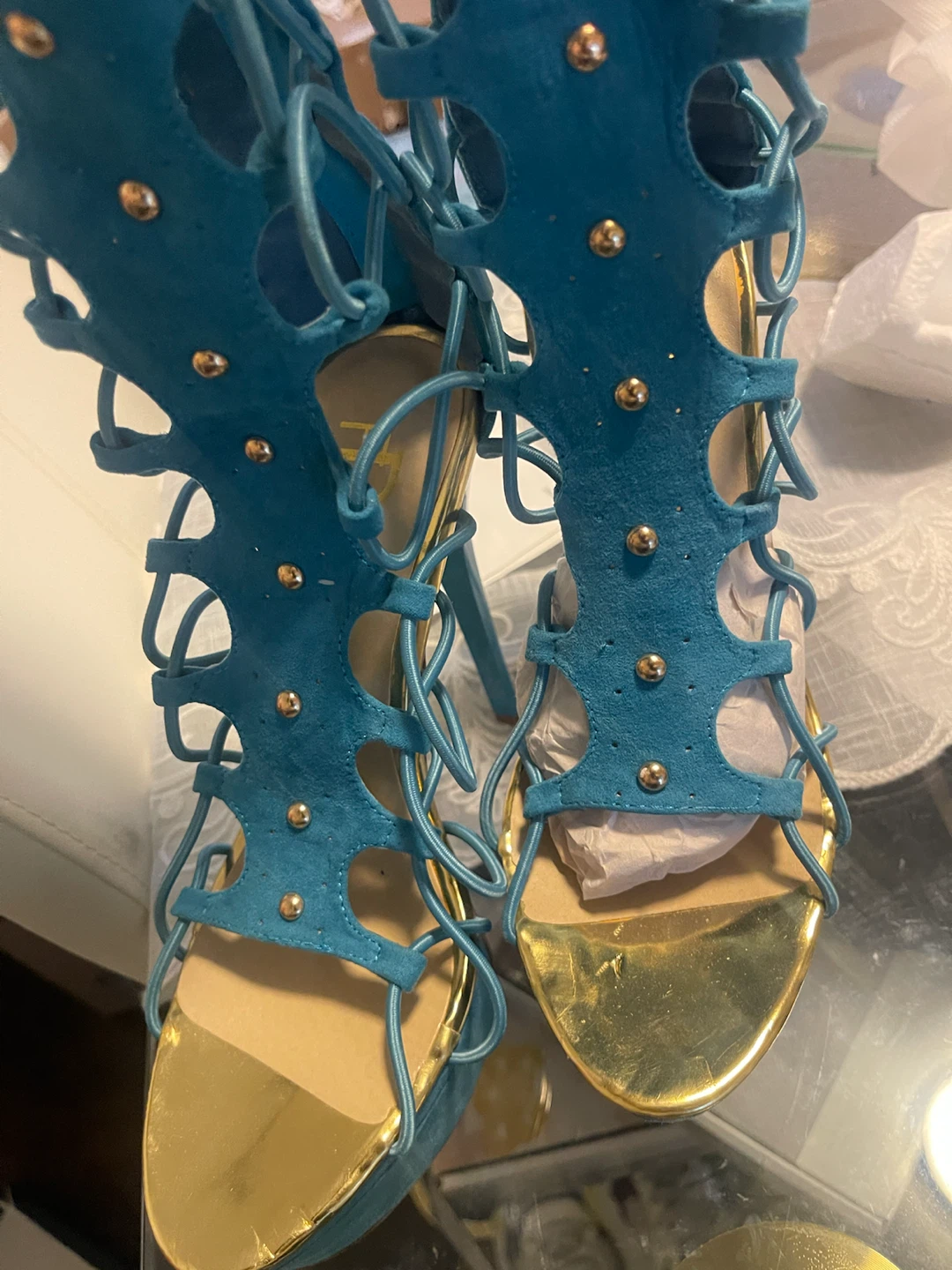 Turquoise Lace-Up Gladiator Heels
