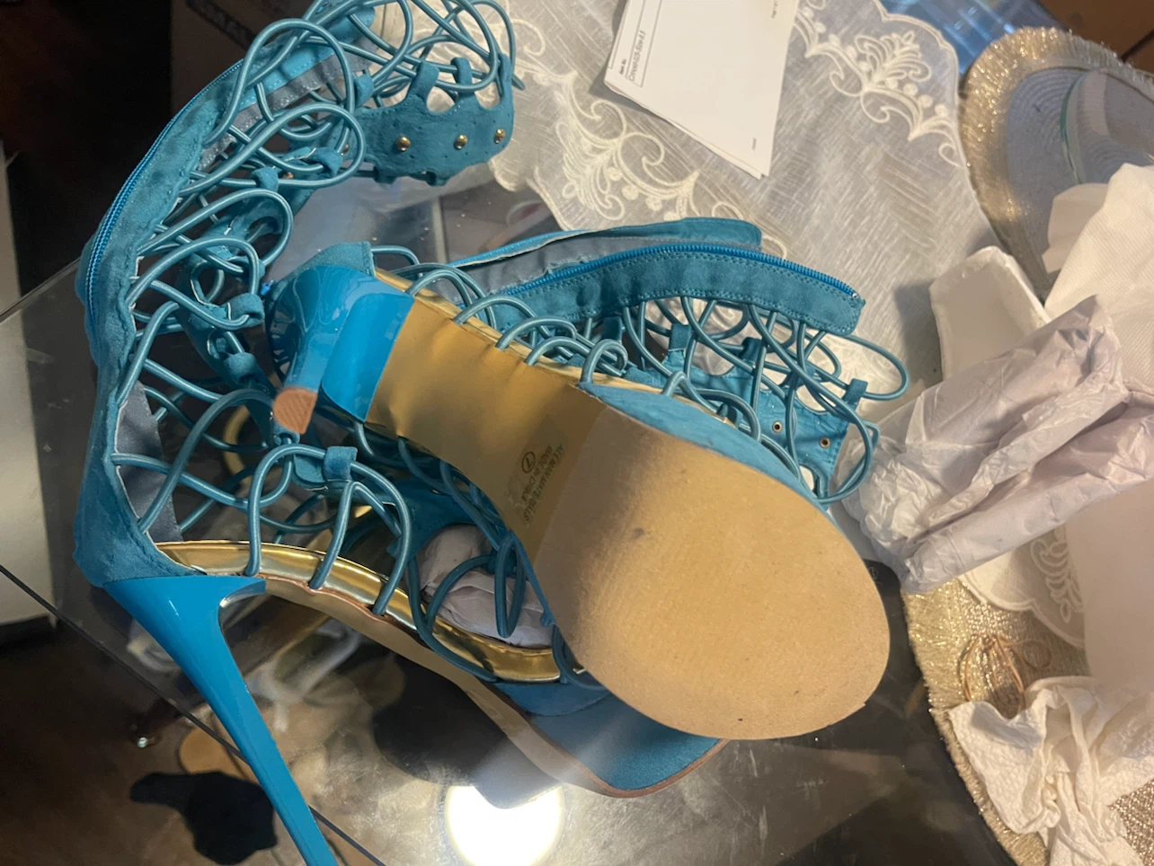Turquoise Lace-Up Gladiator Heels - photo 4