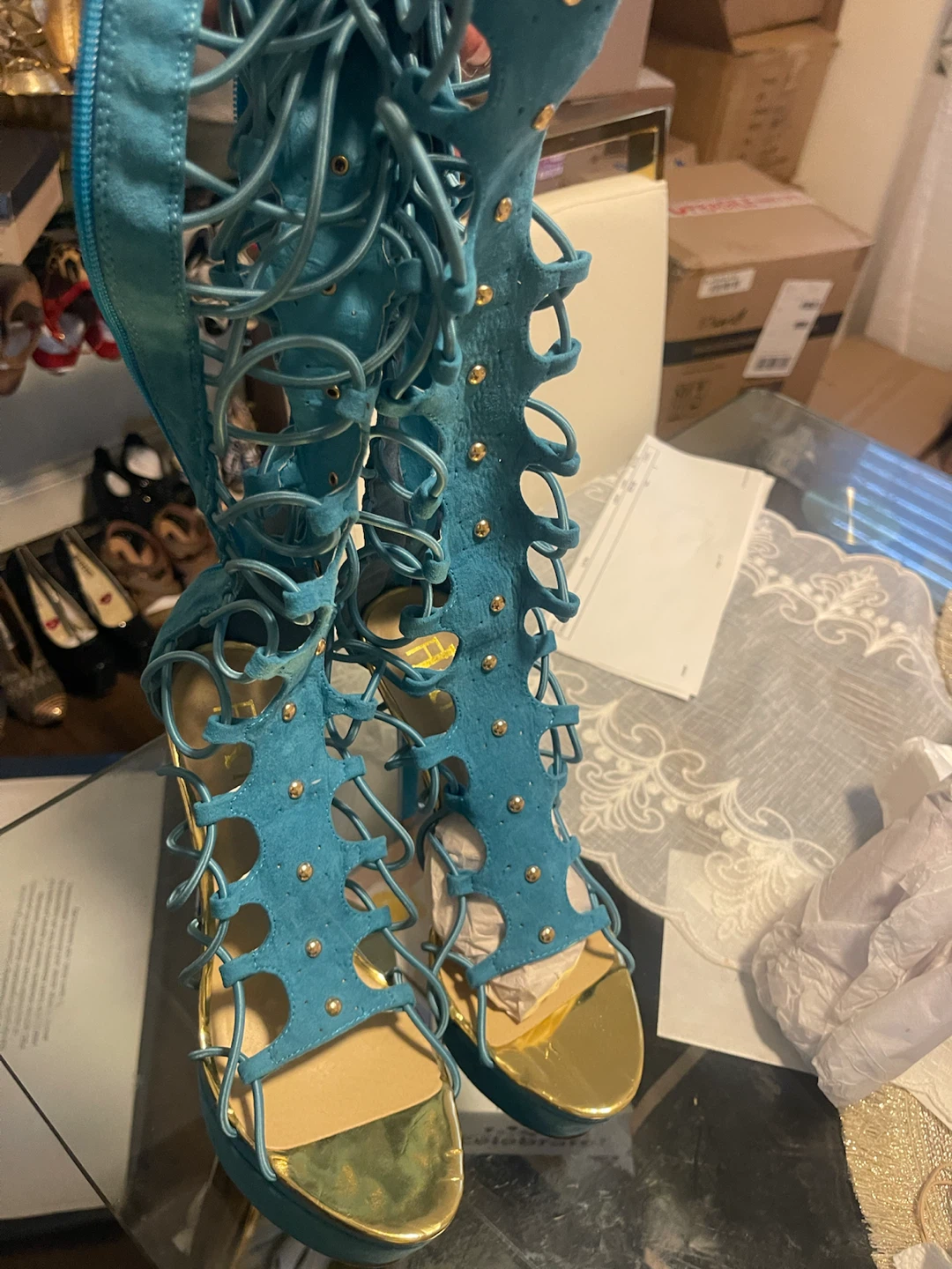 Turquoise Lace-Up Gladiator Heels - photo 5