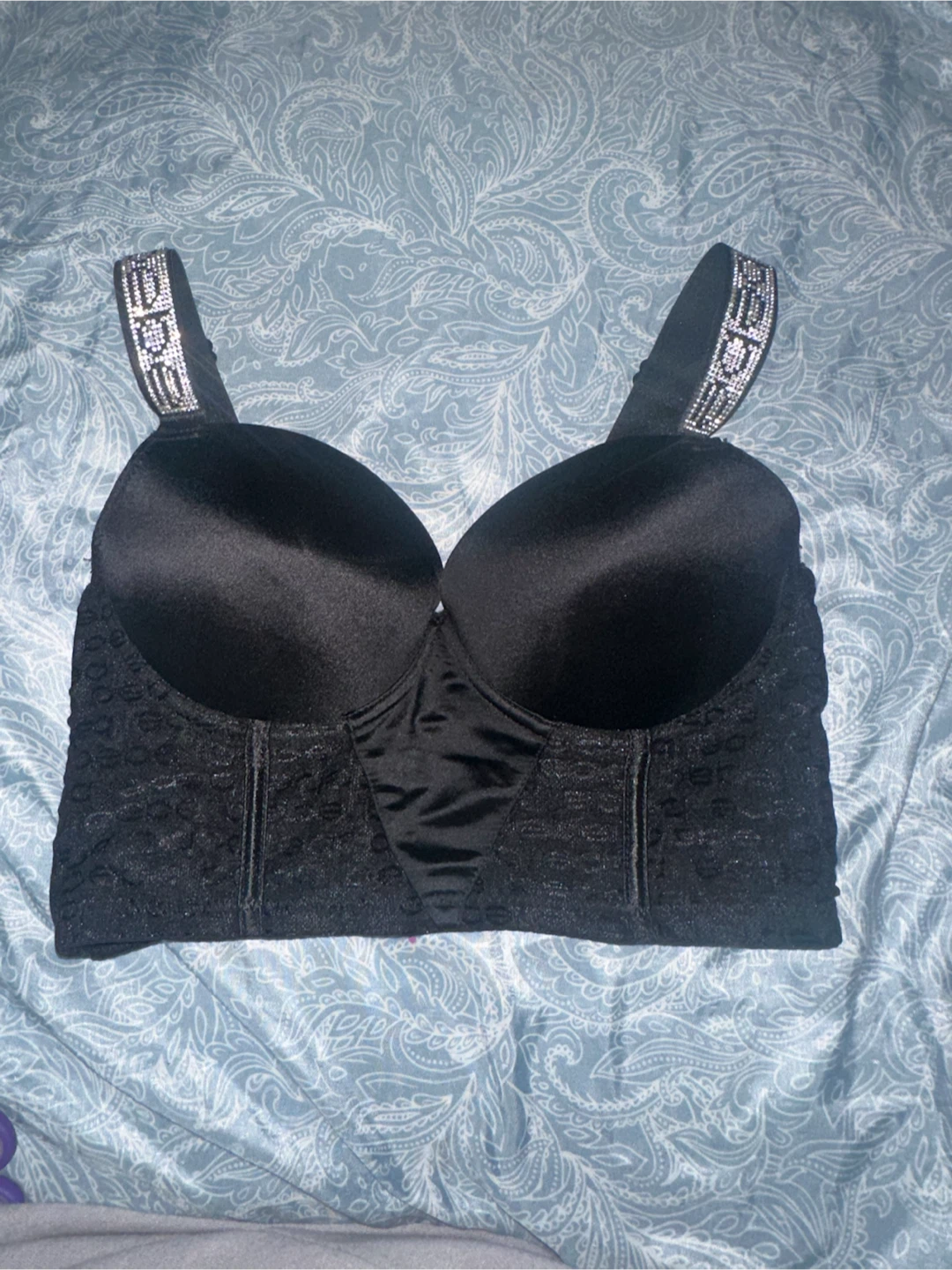 Bebe Black Corset Bra with Rhinestone Straps