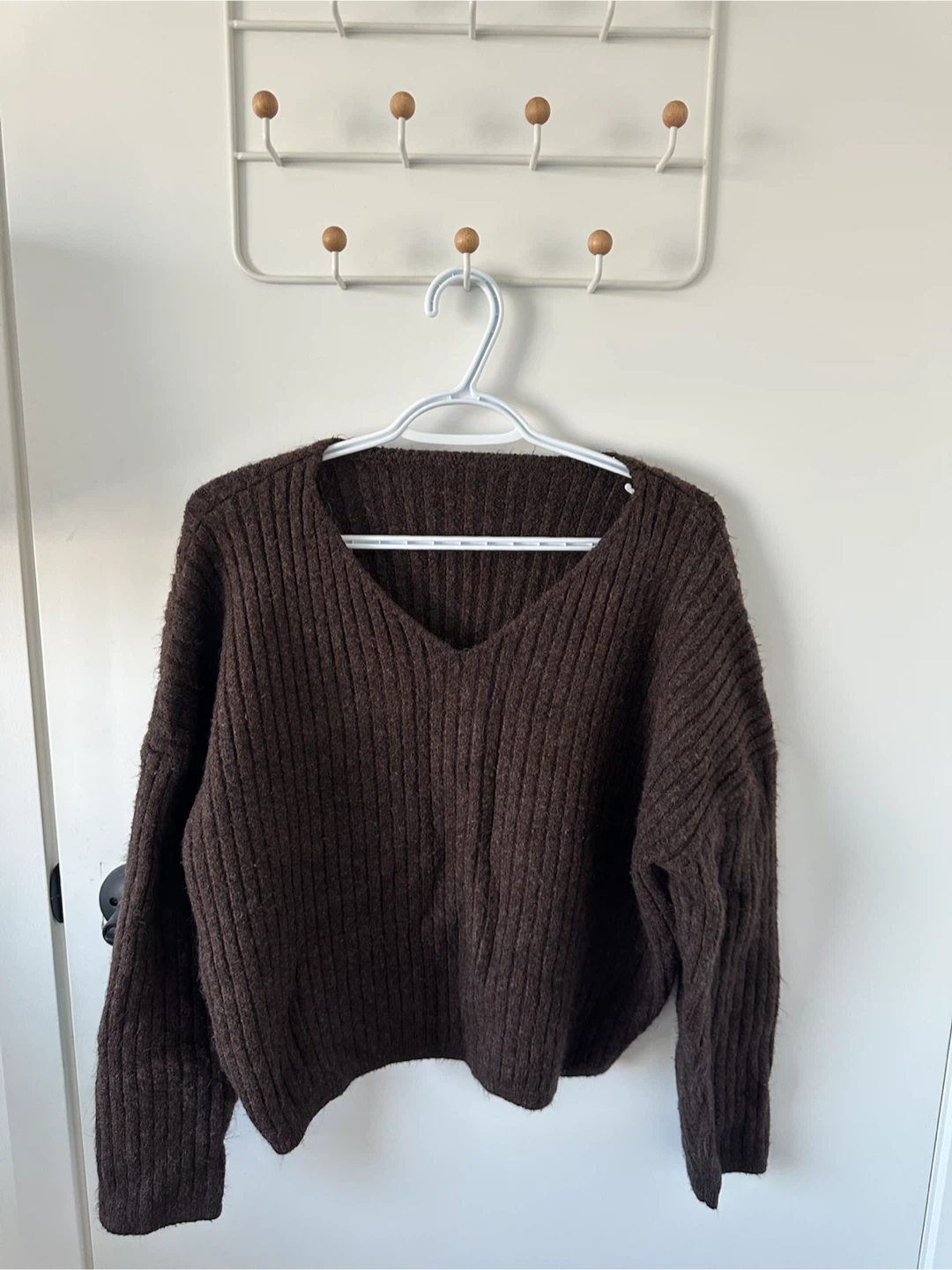 Brown Ribbed V-Neck Sweater