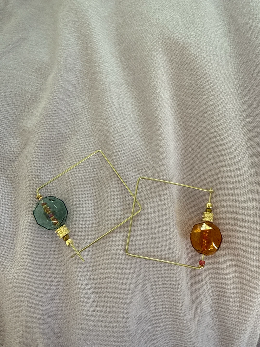 Gold Square Hoop Earrings with Gemstone Beads
