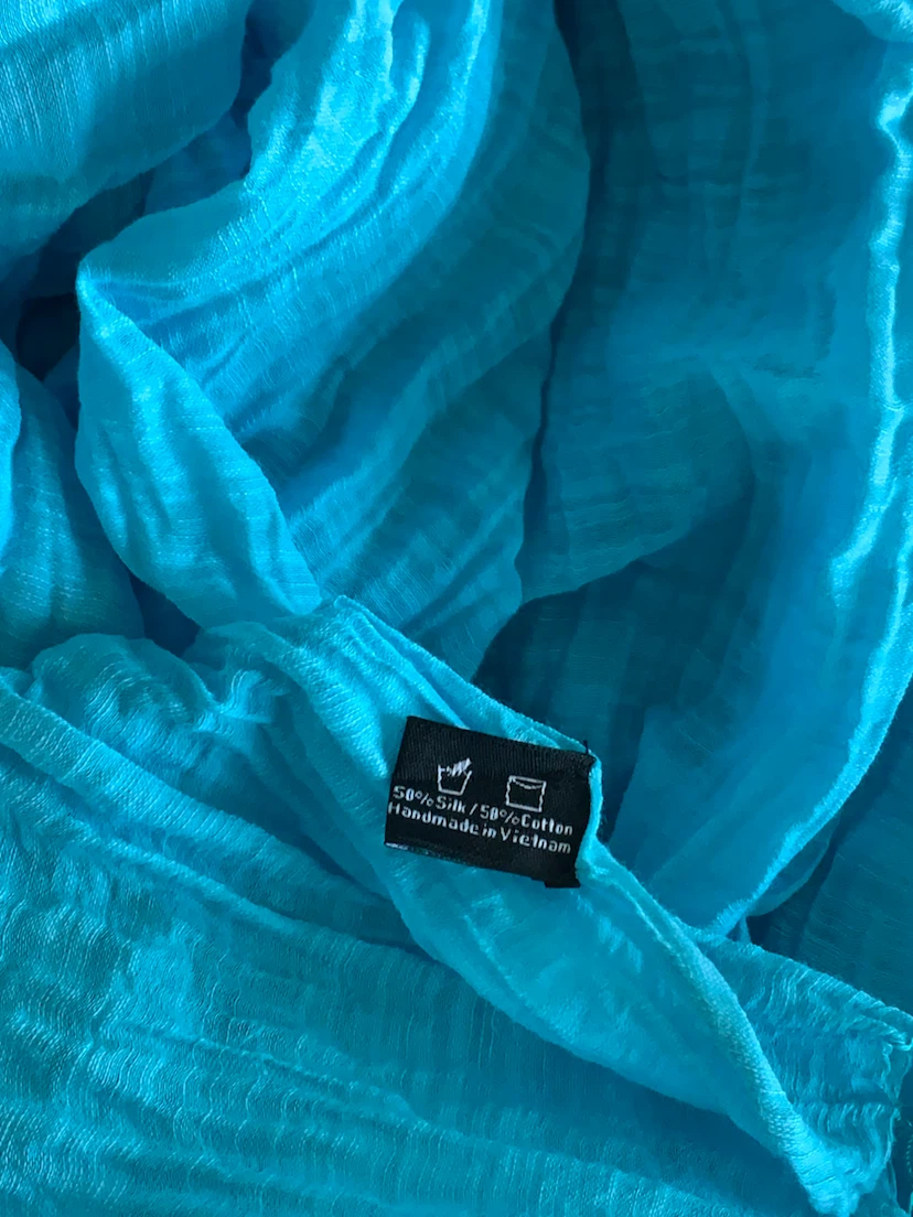 Sea blue scarf with delicate fringe, cotton/silk - photo 3