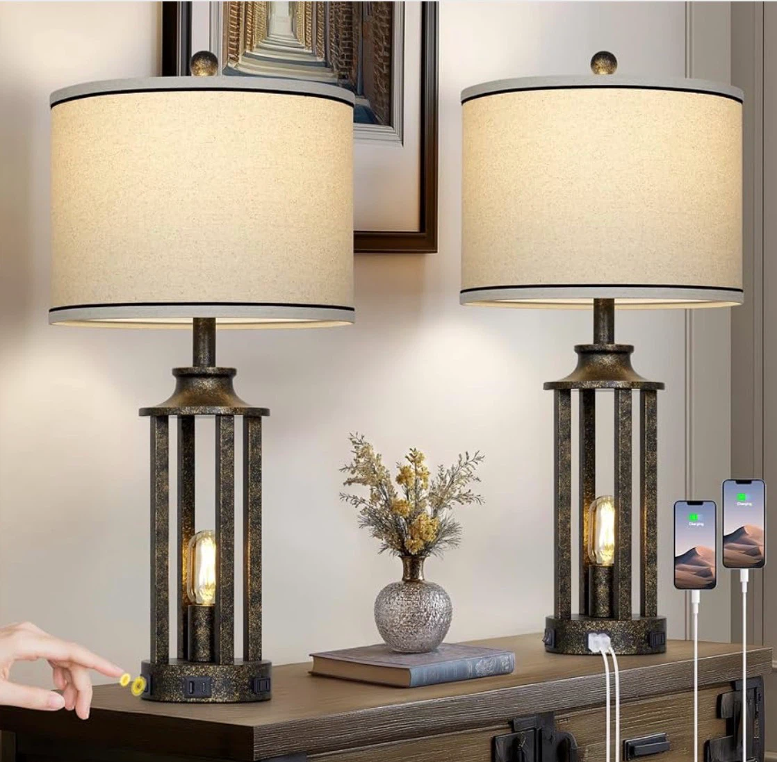 Set of 2 Rustic Farmhouse Table Lamps with USB Ports - photo 5