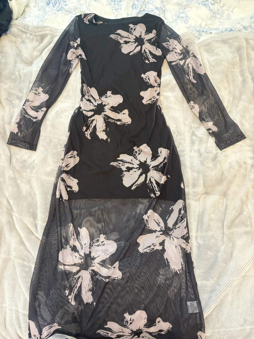 Black Mesh Floral Print Maxi Dress