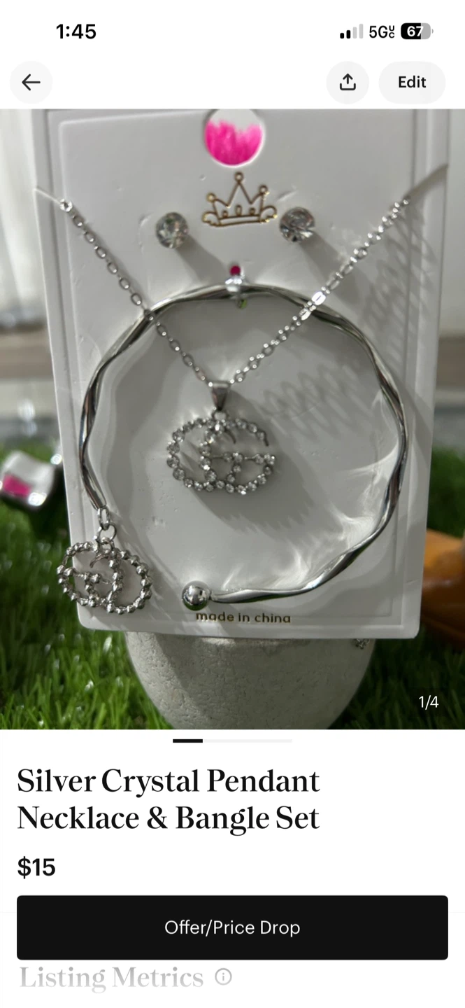 Silver Crystal Pendant Necklace & Bangle Set - photo 2