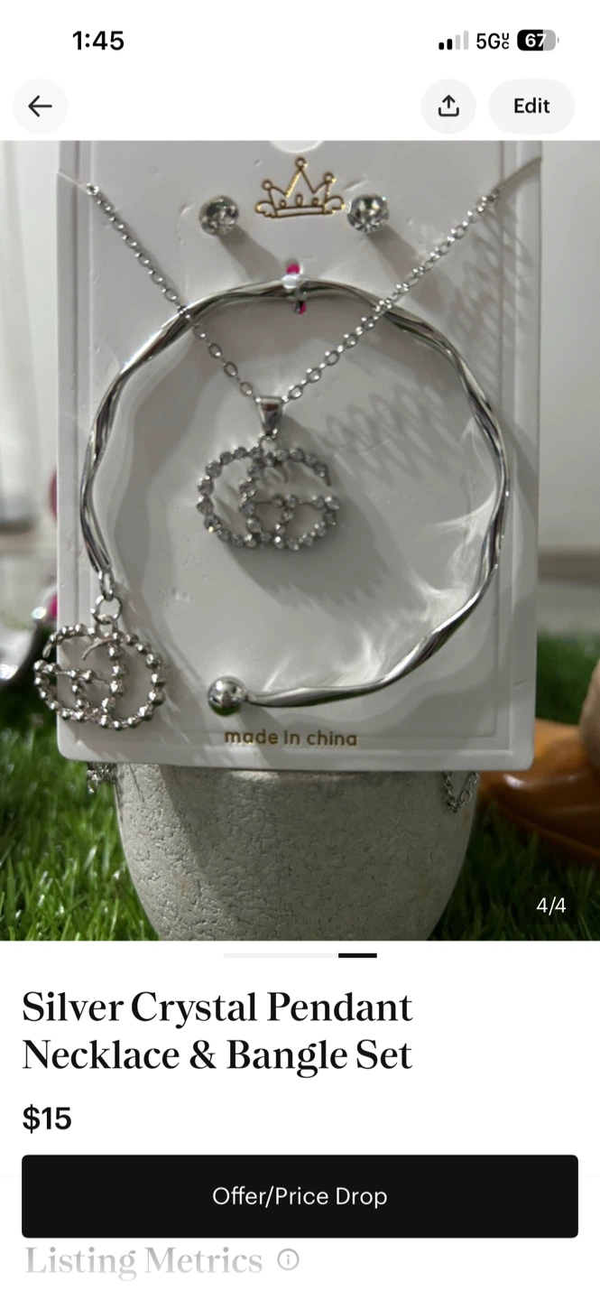 Silver Crystal Pendant Necklace & Bangle Set - photo 3