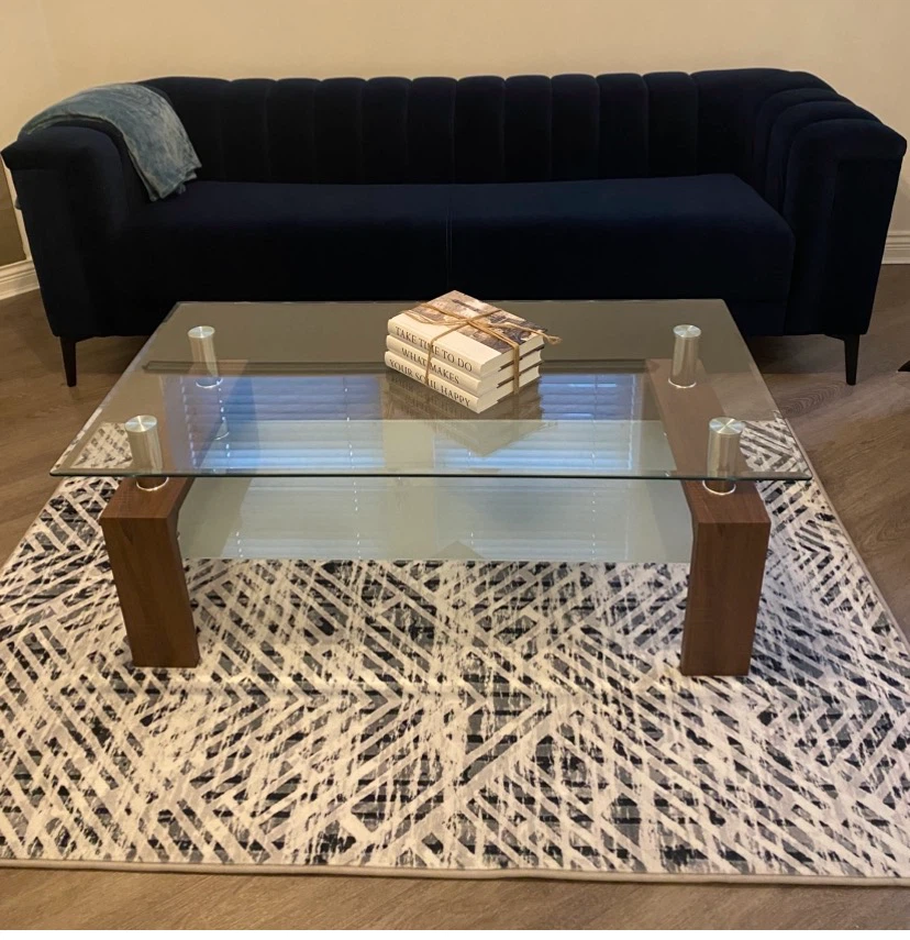Modern Glass Coffee Table with Wooden Legs