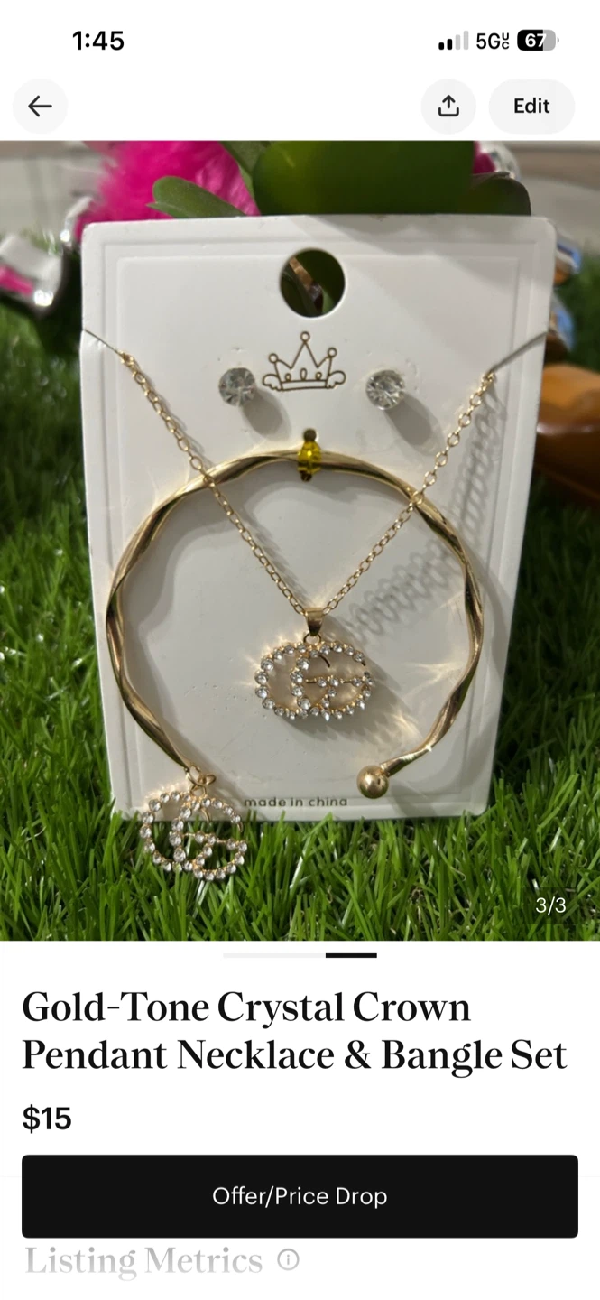 Gold-Tone Crystal Crown Pendant Necklace & Bangle Set