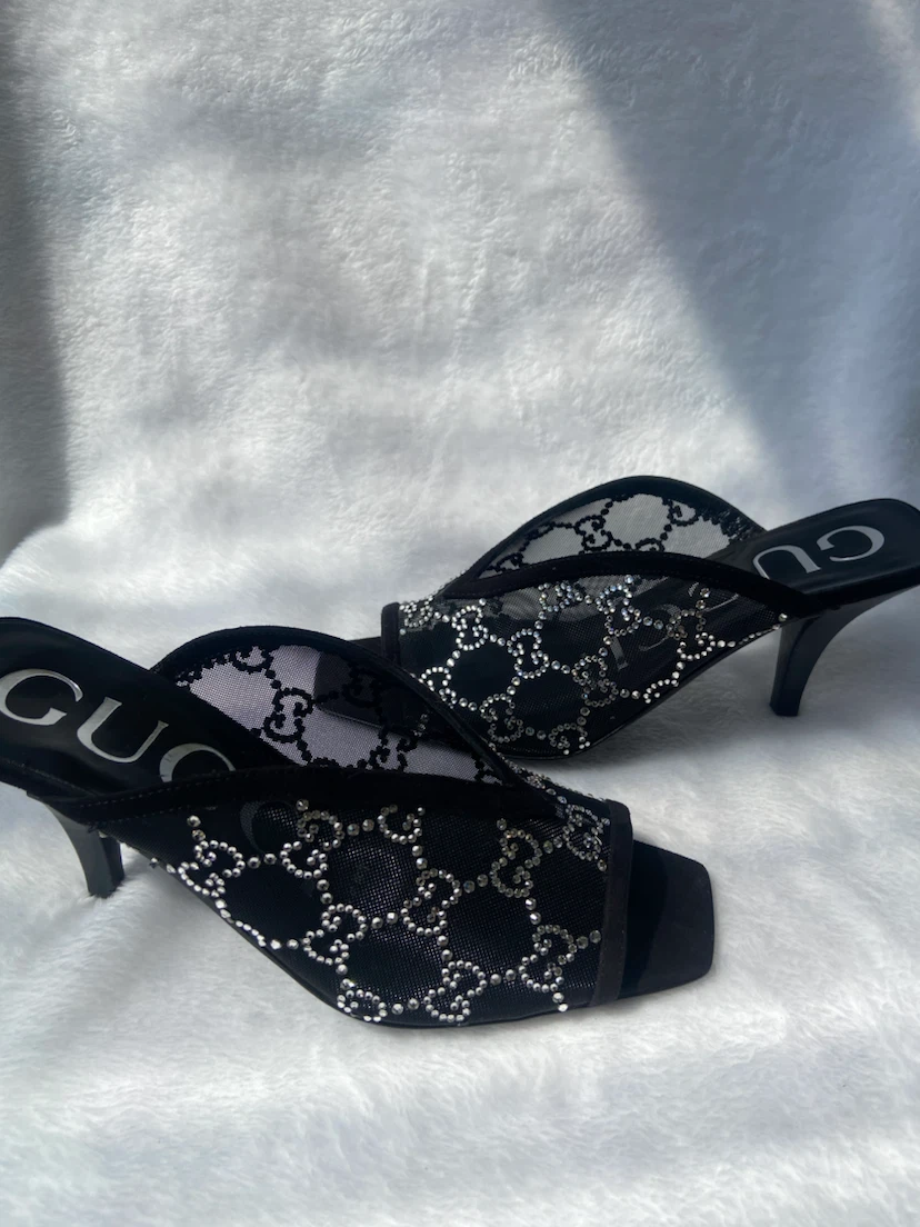 Gucci Black Mesh Embellished Heeled Mules Size 35