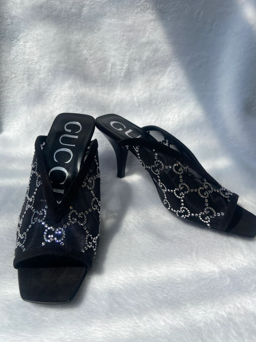 Gucci Black Mesh Embellished Heeled Mules Size 35 - photo 2