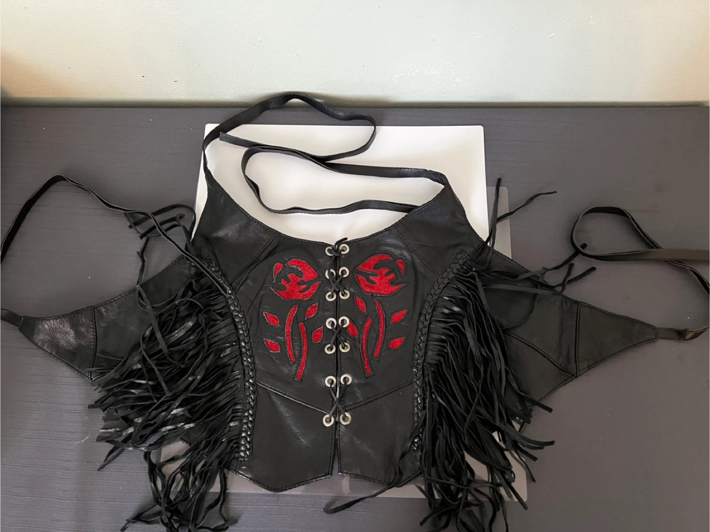 Leather Club Black Halter Top with Rose Embroidery and Fringe