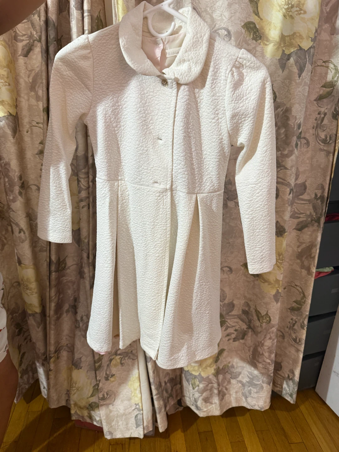 Girls White Textured Coat with Pink Plaid Dress Set
