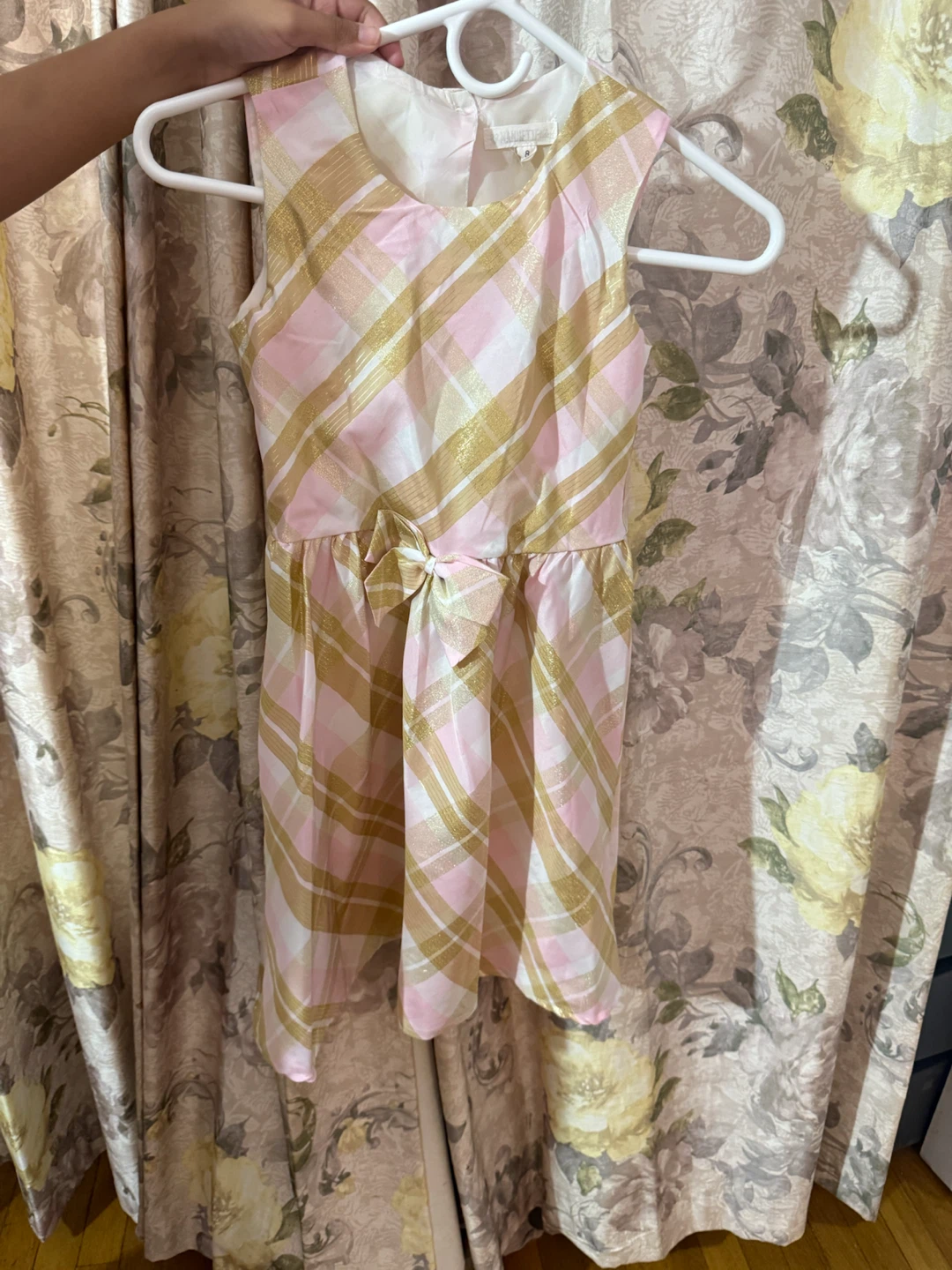 Girls White Textured Coat with Pink Plaid Dress Set - photo 5