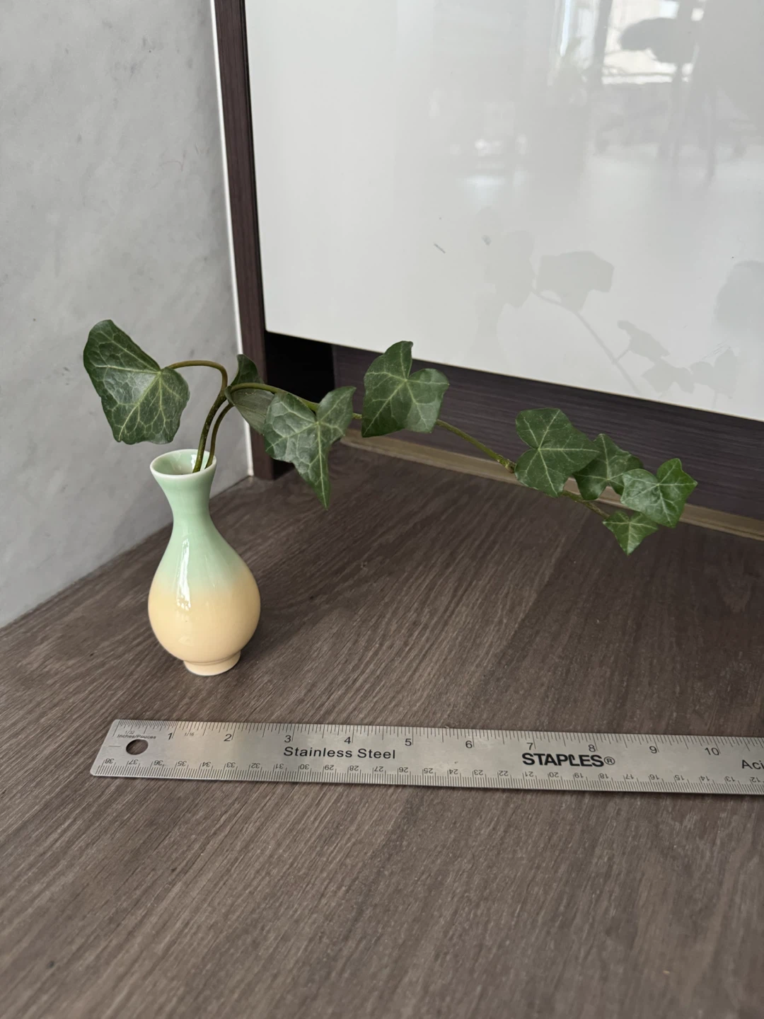 Small Decorative Vase with Green and Yellow Glaze and rooted ivy - photo 2
