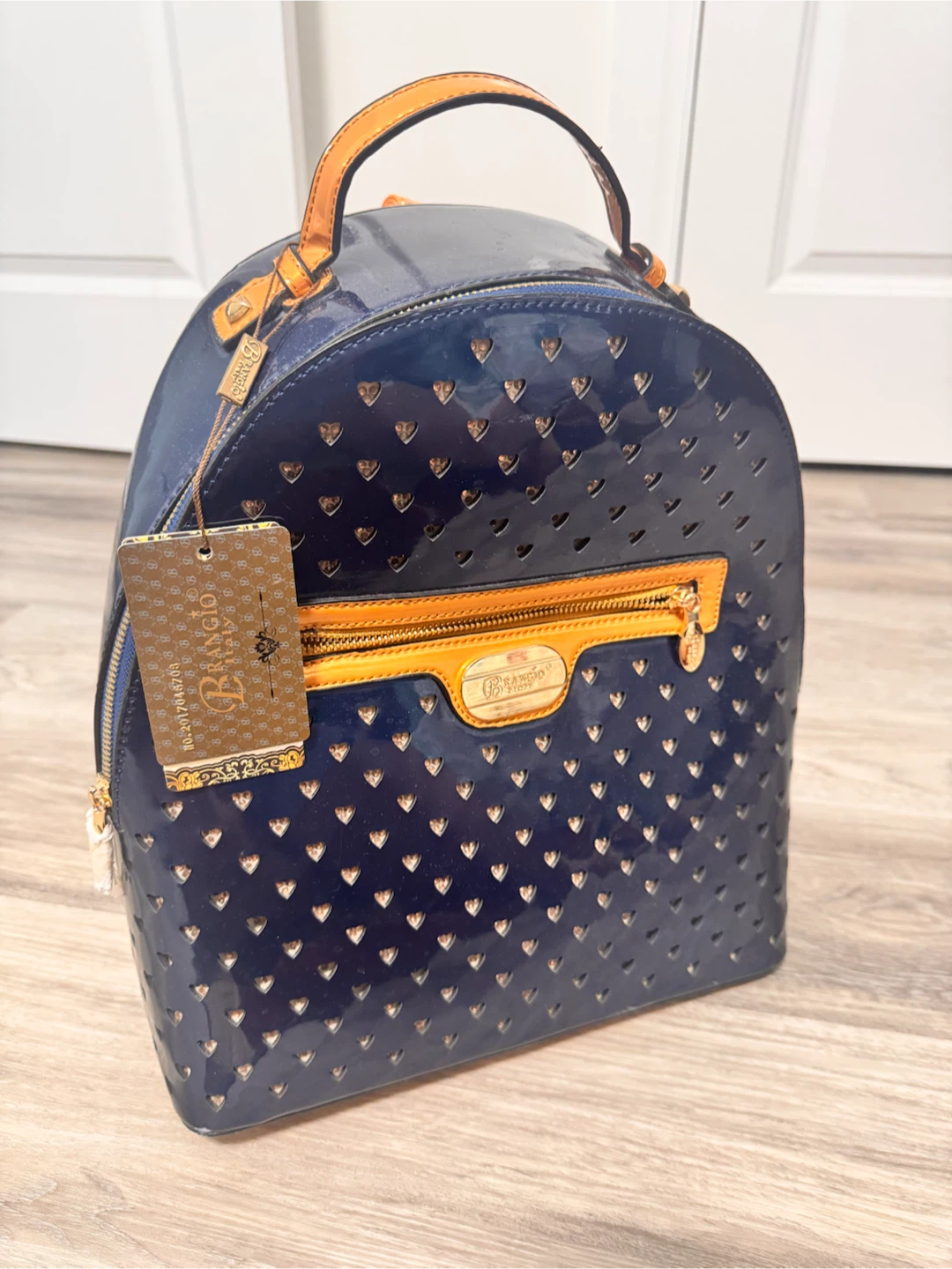 Brangio Italy Blue Patent Heart Cutout Mini Backpack