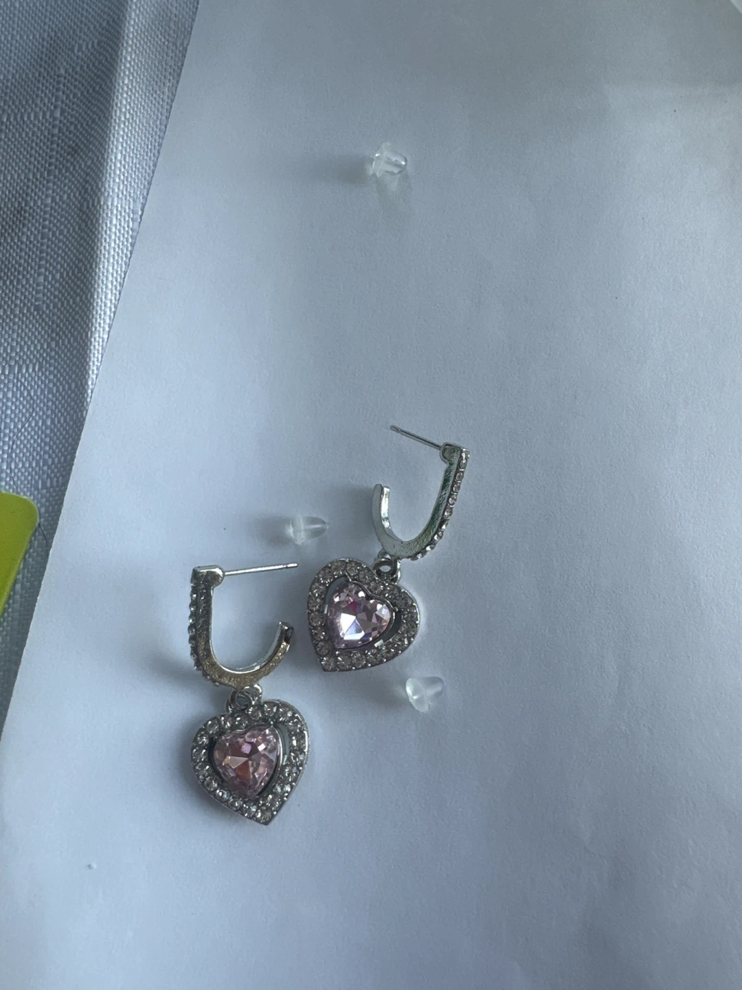 Pink Heart Hoop Earrings with Rhinestones