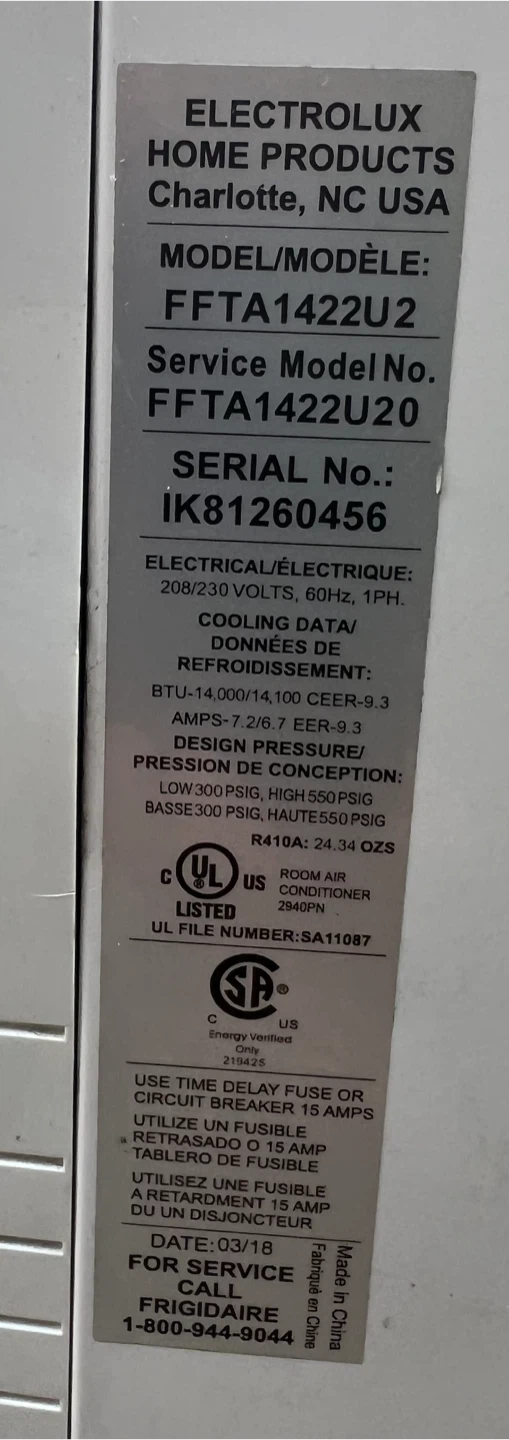Electrolux Window Air Conditioner FFta1422u2 - photo 3