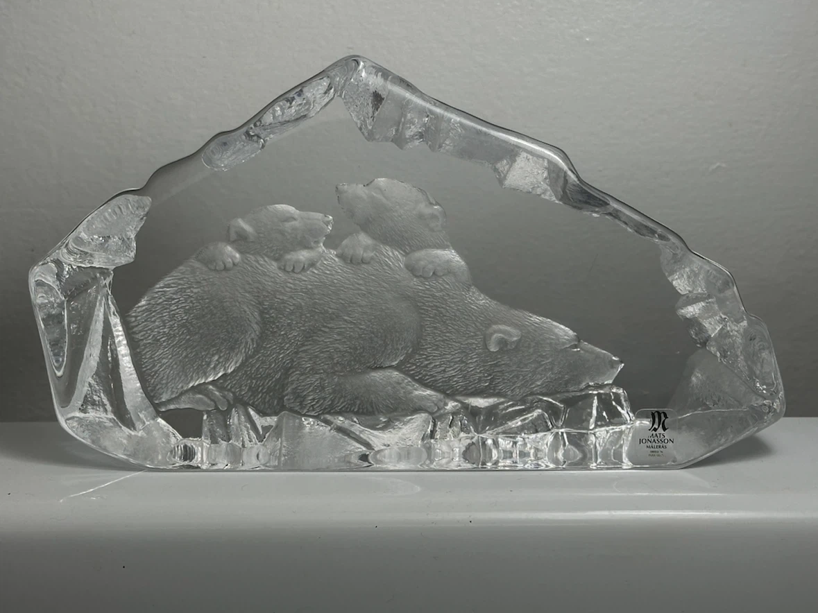 Mats Jonasson Crystal Polar Bear and Cubs Sculpture