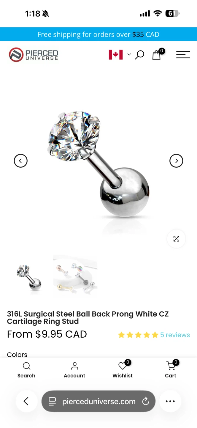 Surgical steel ball back stud white CZ