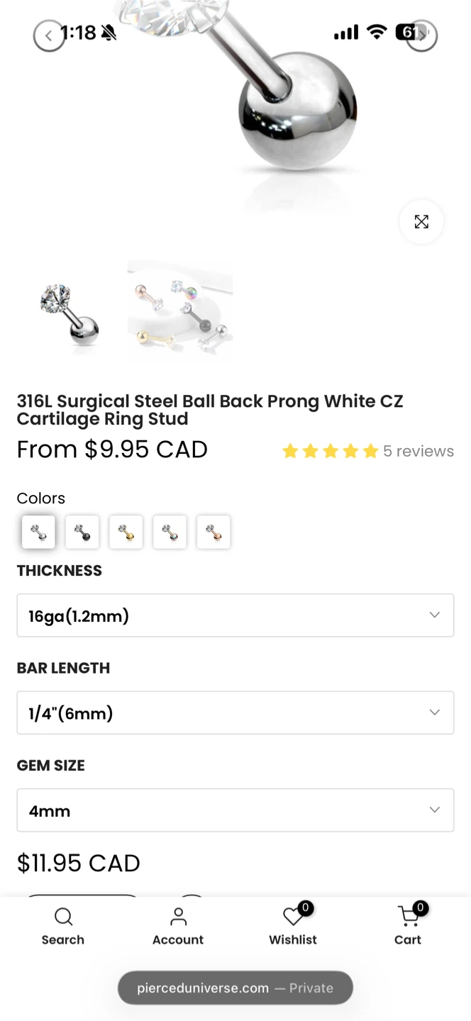 Surgical steel ball back stud white CZ - photo 2