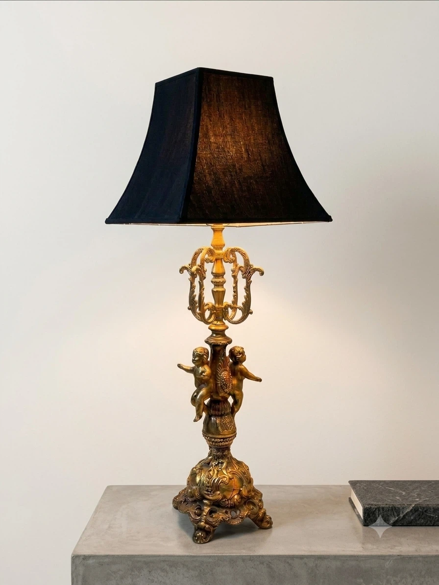 Ornate Brass Cherub Table Lamp with Black Shade