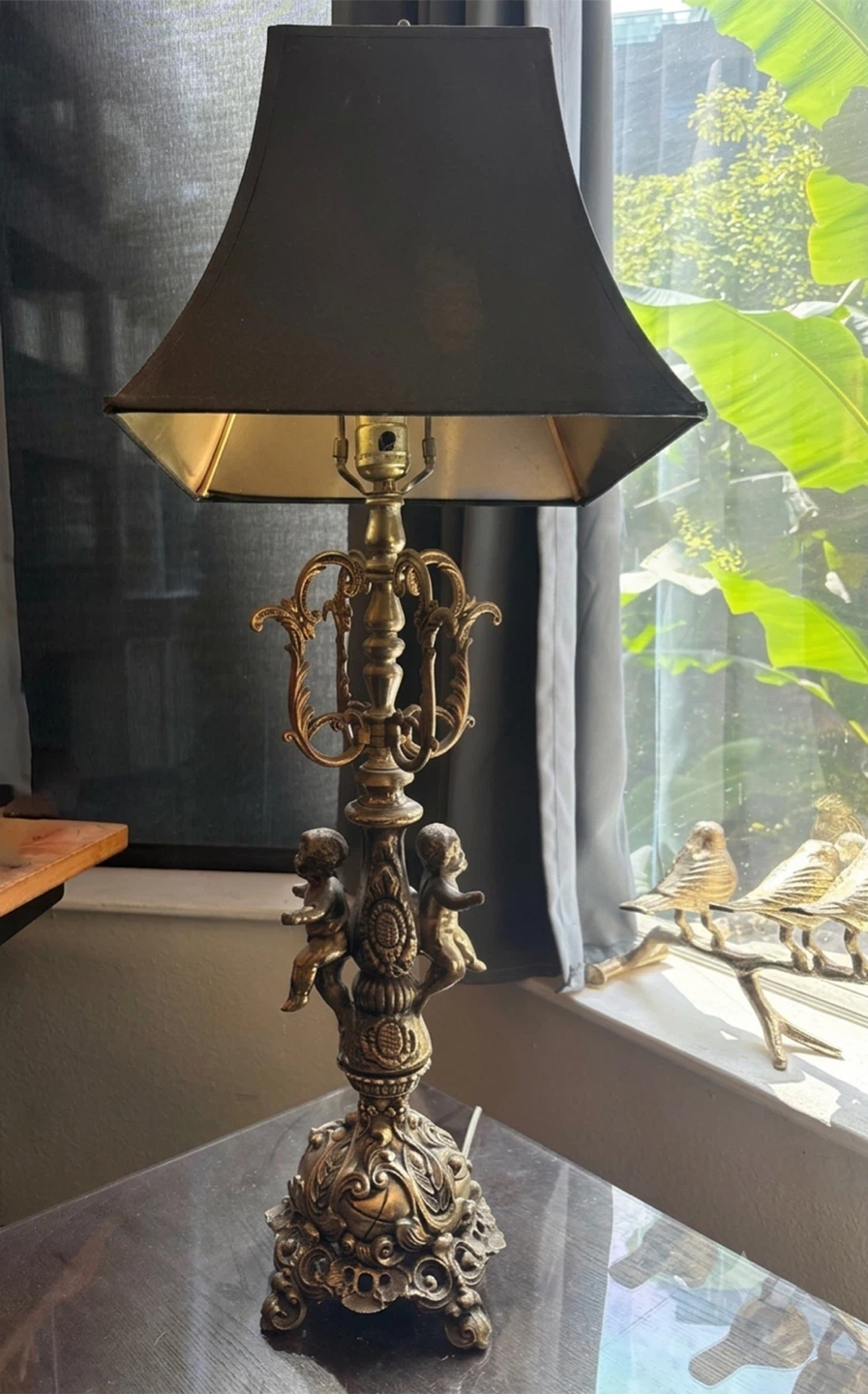 Ornate Brass Cherub Table Lamp with Black Shade - photo 3