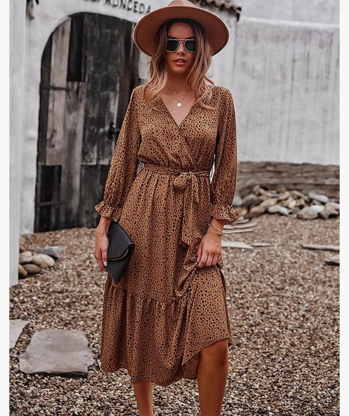 YACUN Brown Polka Dot Midi Dress