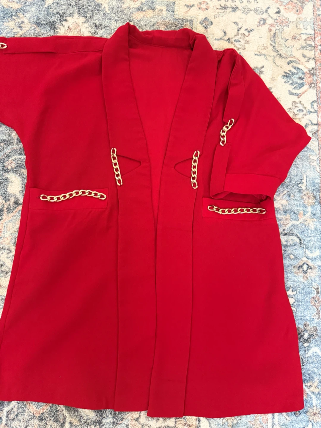 Red Kimono Jacket with Gold Chain Detail