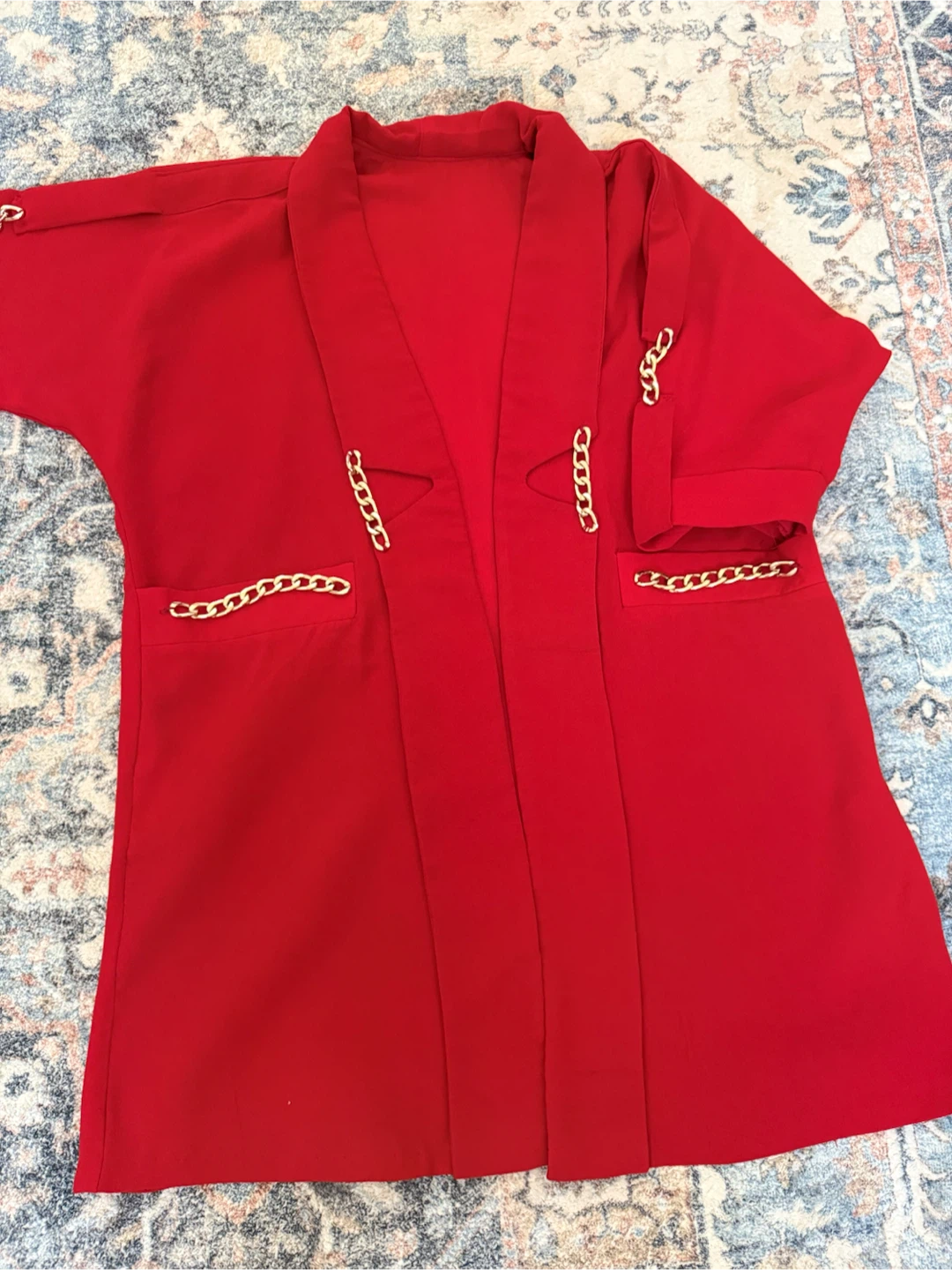 Red Kimono Jacket with Gold Chain Detail - photo 3
