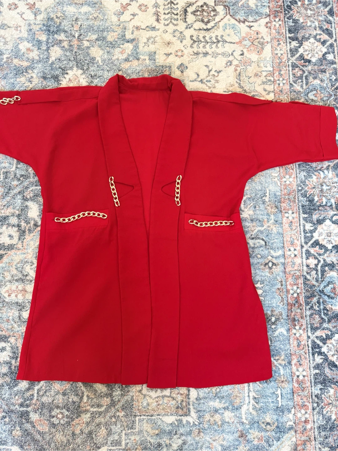 Red Kimono Jacket with Gold Chain Detail - photo 5