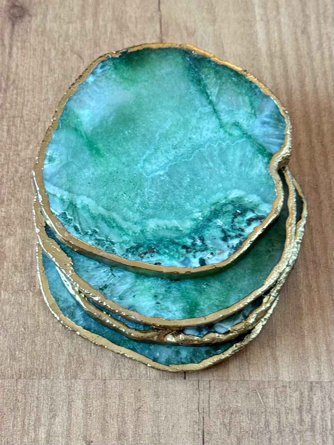 NWT Genuine Green Agate Gold-trimmed Crystal Coasters (4)