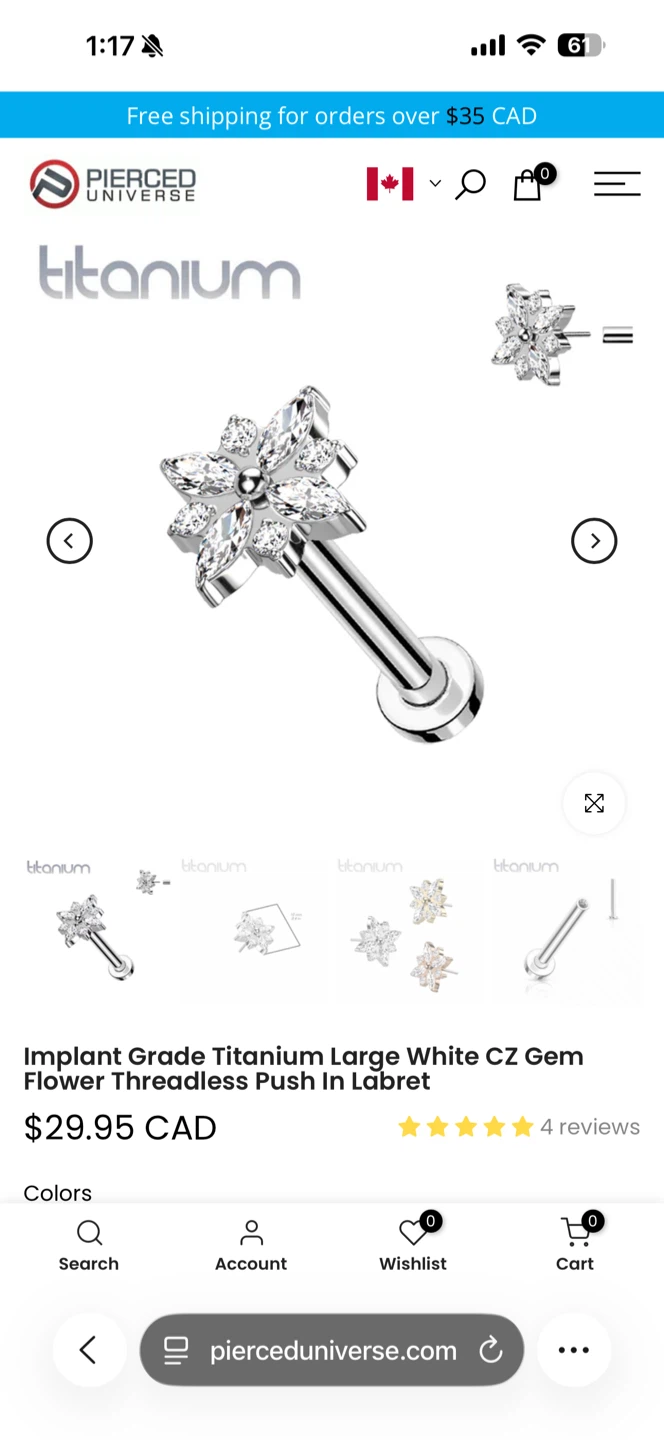 Implant-grade titanium/CZ push-in flower stud